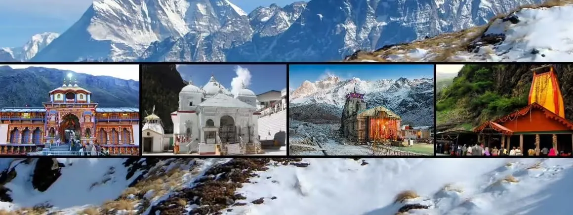 A composite banner showing the four Char Dham temples side by side over a background of snow-covered mountains