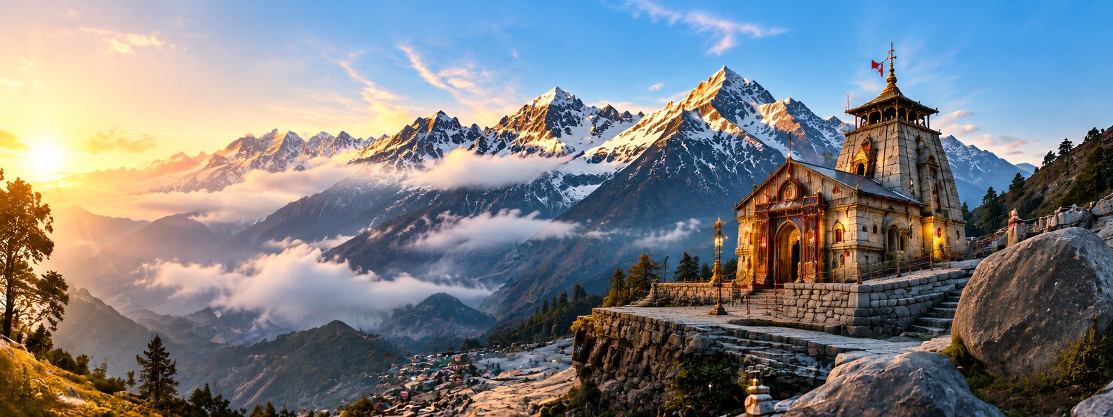 Kedarnath temple at sunrise below snow peaks